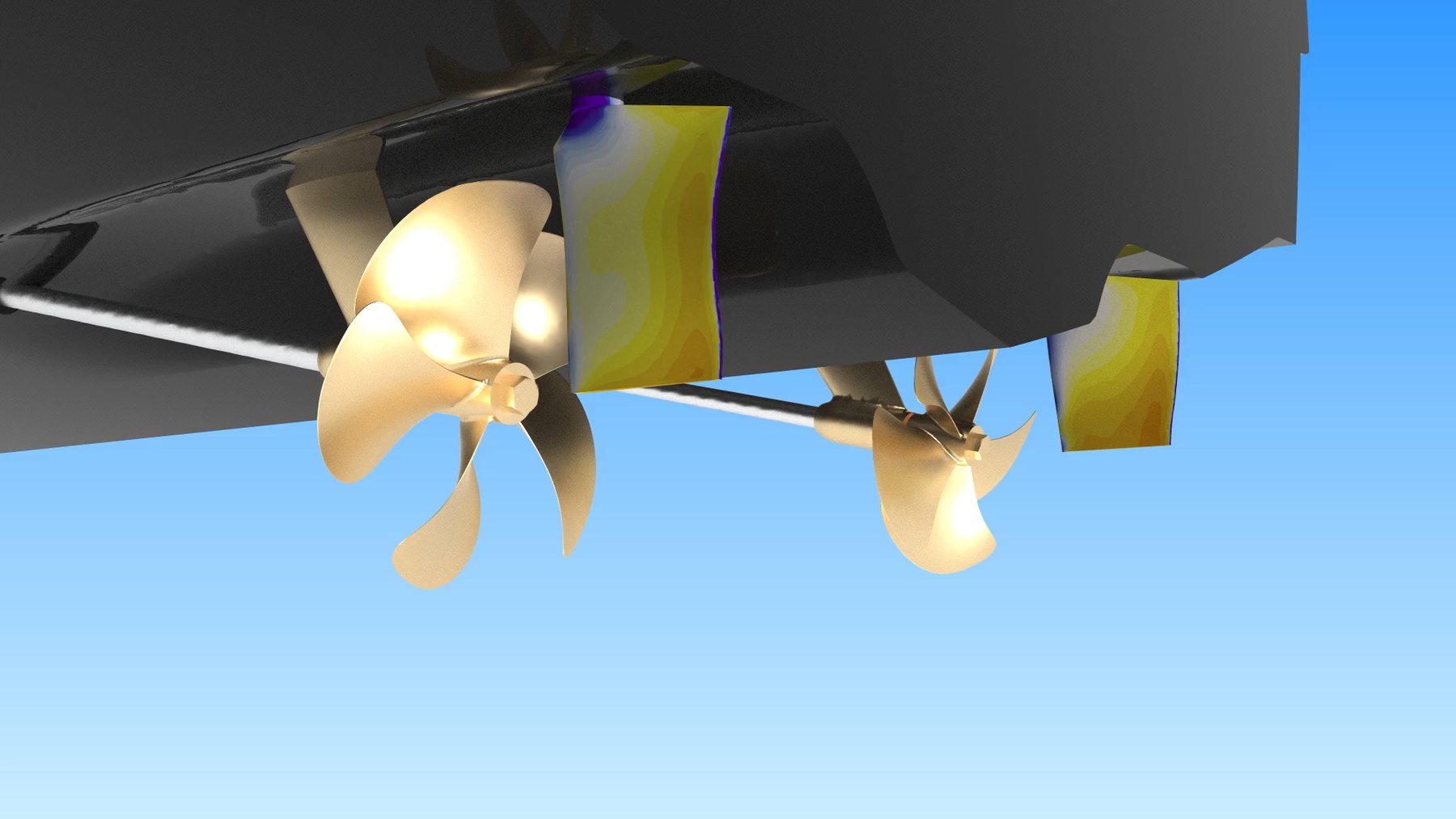 CFD visualisation of the flow around a twin-screw stern, with pressure distribution mapped over the rudders